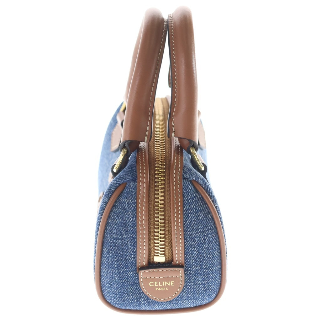 CELINE(セリーヌ) セリーヌ スモール ボストン トリオンフ ショルダーバッグ ミニバッグ インディゴブルー×ブラウン レザー×デニム ゴールド金具 レディース