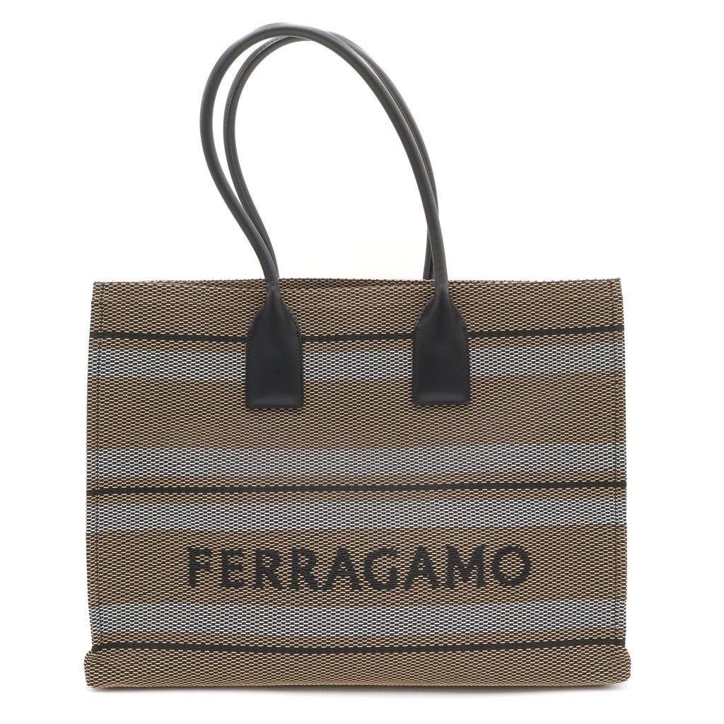 FERRAGAMO(フェラガモ) フェラガモ ボーダーロゴ ハンドバッグ トートバッグ ブラック×ベージュ レザー GG214955 ゴールド金具 レディース
