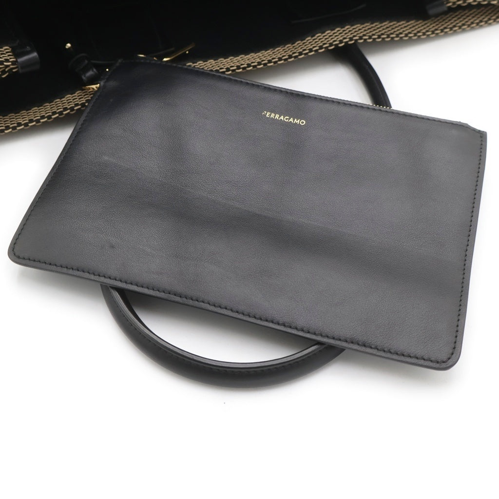 FERRAGAMO(フェラガモ) フェラガモ ボーダーロゴ ハンドバッグ トートバッグ ブラック×ベージュ レザー GG214955 ゴールド金具 レディース