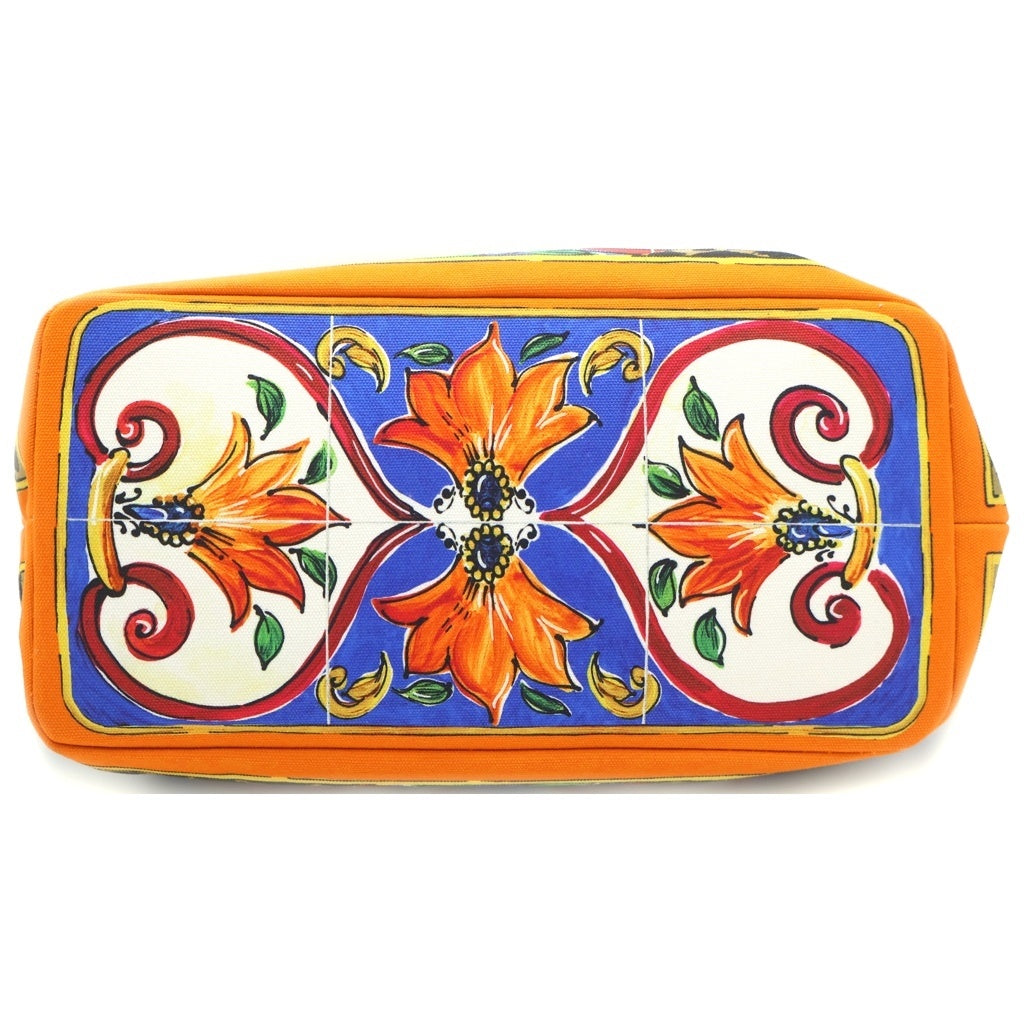 DOLCE & GABBANA(ドルチェアンドガッバーナ) ドルチェアンドガッバーナ ベアトリーチェ ハンドバッグ トートバッグ シチリア柄 オレンジ×ブルー レザー×キャンバス ゴールド金具 レディース