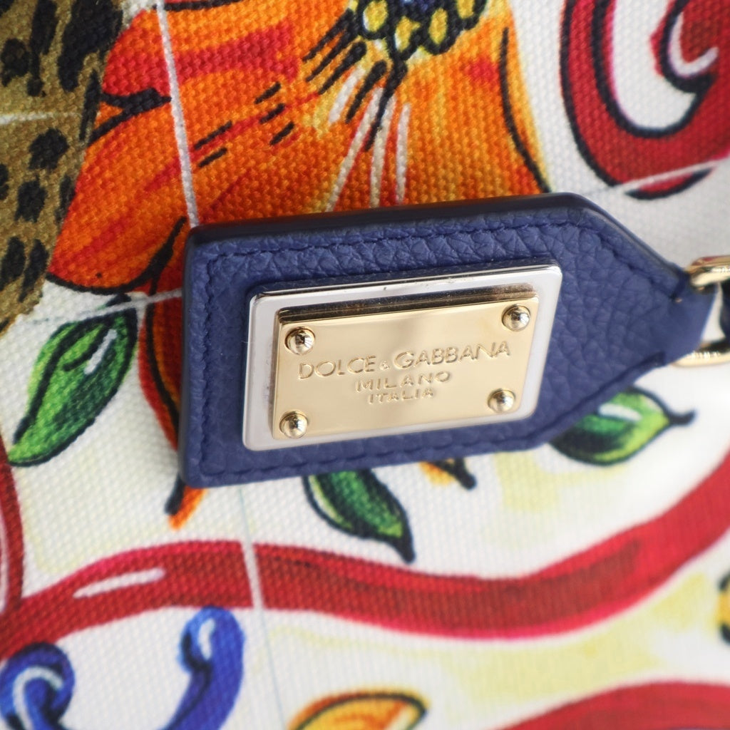 DOLCE & GABBANA(ドルチェアンドガッバーナ) ドルチェアンドガッバーナ ベアトリーチェ ハンドバッグ トートバッグ シチリア柄 オレンジ×ブルー レザー×キャンバス ゴールド金具 レディース