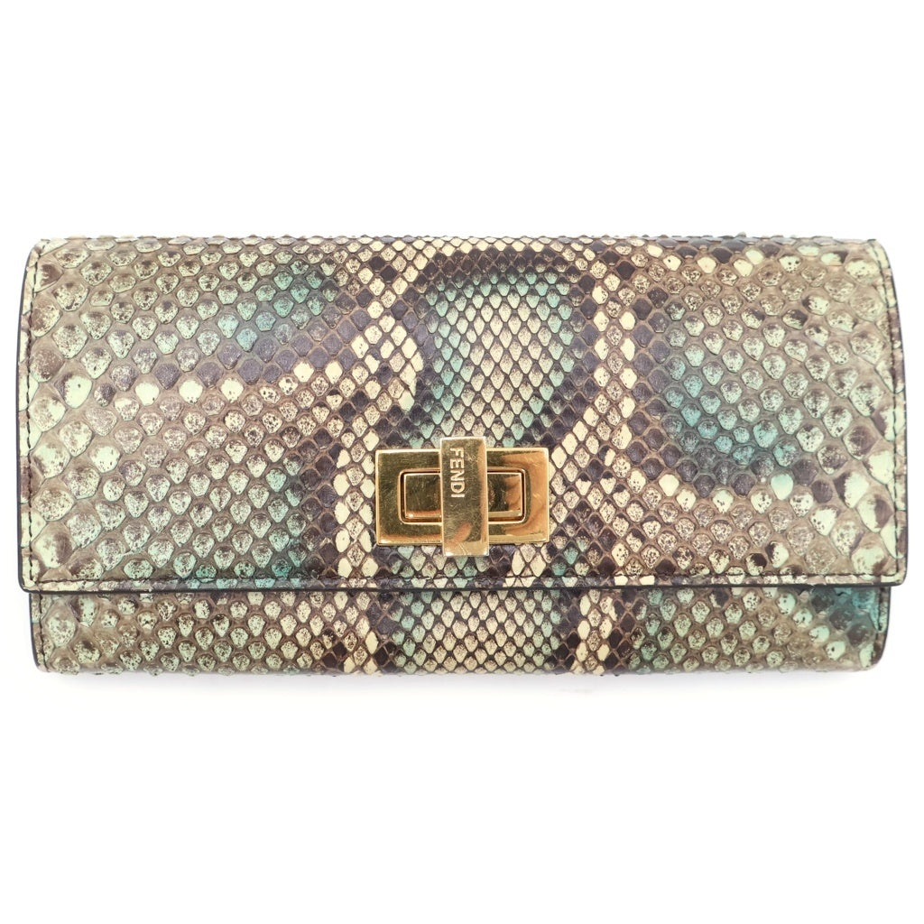 FENDI(フェンディ) フェンディ ピーカブー ラウンドファスナー ロングウォレット 長財布 カードケース グリーンベージュ パイソン A3ZN ゴールド金具 レディース