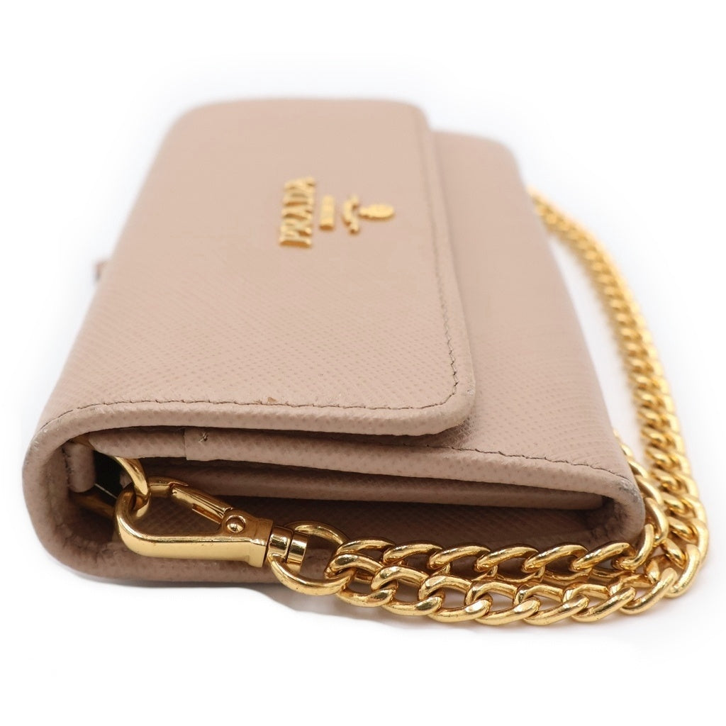 PRADA(プラダ) サフィアーノ チェーンウォレット バッグチャーム 財布 サフィアーノレザー ベージュ ゴールド金具 レディース