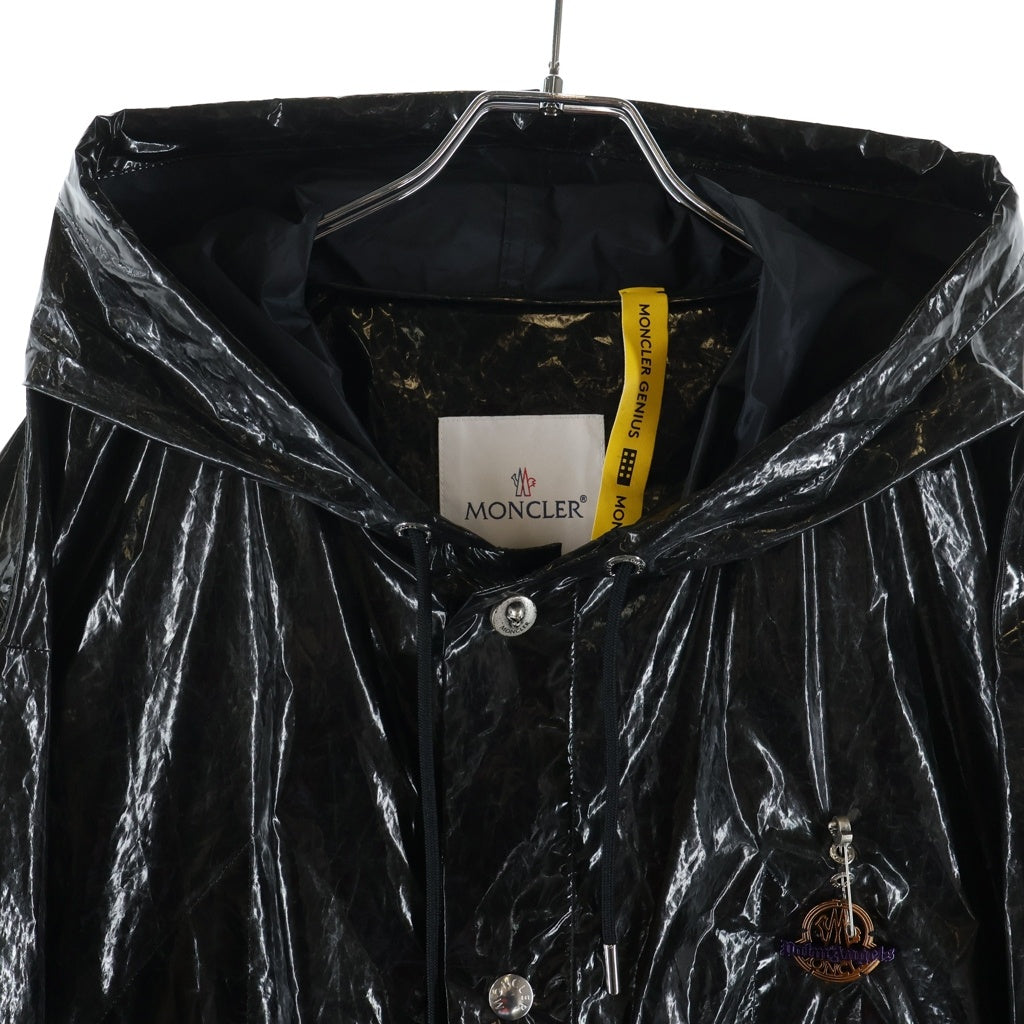 MONCLER(モンクレール) 19AW ×Palm Angels SID パームエンジェルス ロゴプレート バックプリント フーデッド ナイロン ロングジャケット コート ブラック E209L4200050 539N8