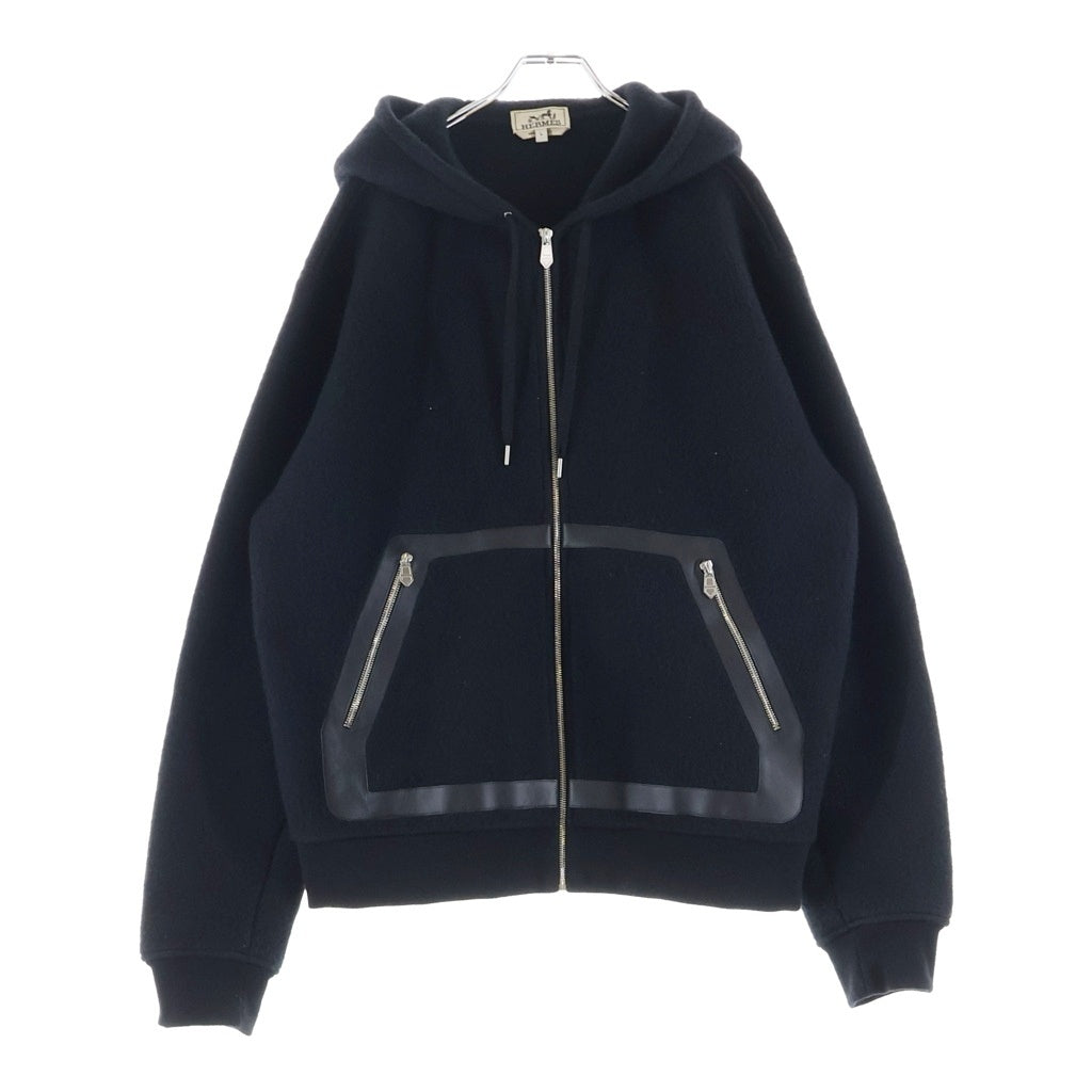 HERMES(エルメス) ジップアップフーディ レザートリム パーカー ブラック #L 32-5733