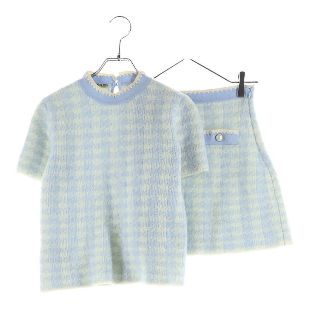 miumiu(ミュウミュウ) セットアップ チェック総柄 ウールニット 半袖トップス セーター ミニスカート ライトブルー レディース MML301