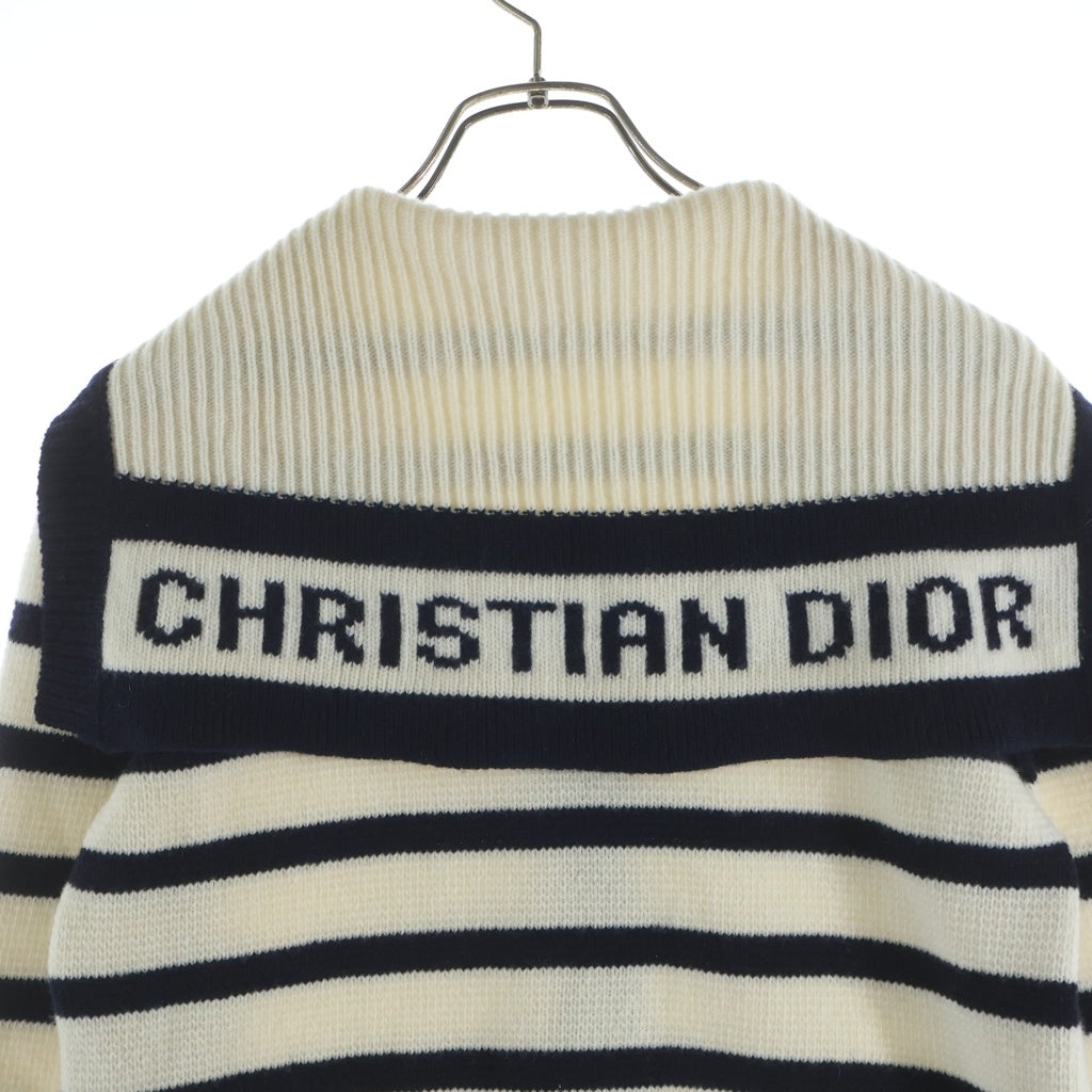 Christian Dior(クリスチャンディオール) ボーダー総柄 カシミヤ混 セーラーカラー ニット カーディガン ネイビー/ホワイトレディース 224G02AM309