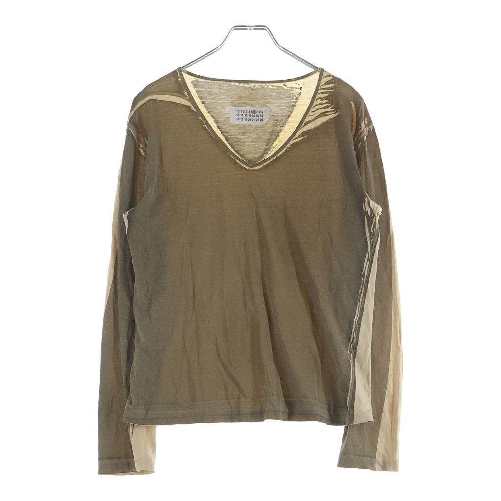 Maison Martin Margiela(メゾンマルタンマルジェラ) Vネック プリント ロングスリーブ 長袖Tシャツ カットソー ブラウン/ベージュ