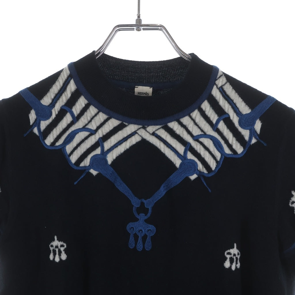 HERMES(エルメス) 24AW 馬具刺繍 ジャガード 半袖ニット セーター ネイビー レディース 4H2645DD