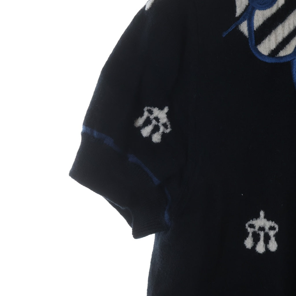 HERMES(エルメス) 24AW 馬具刺繍 ジャガード 半袖ニット セーター ネイビー レディース 4H2645DD