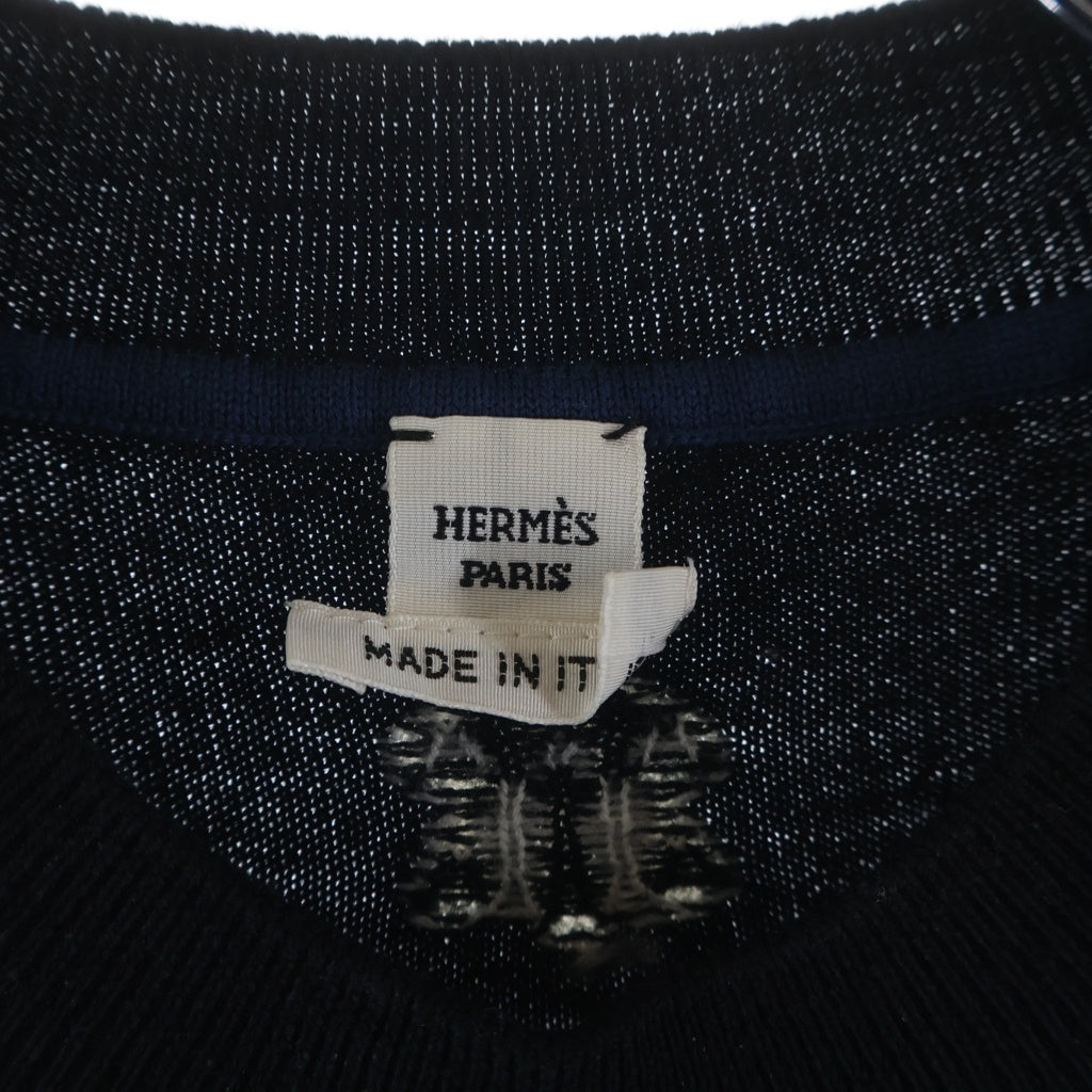 HERMES(エルメス) 24AW 馬具刺繍 ジャガード 半袖ニット セーター ネイビー レディース 4H2645DD
