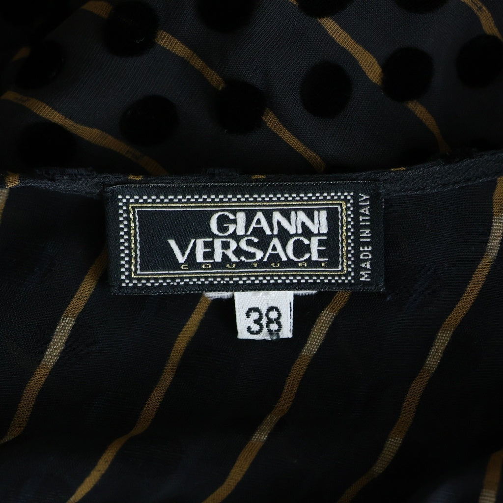 VERSACE(ヴェルサーチ) ベロアドット ストライプ総柄 カシュクール 長袖 ワンピース ドレス ブラック レディース