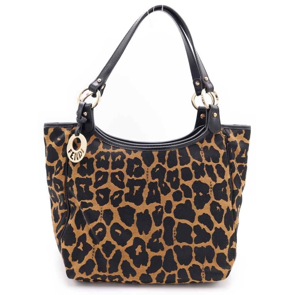 FENDI(フェンディ) ハンドバッグ トートバッグ レオパード ブラック×ブラウン キャンバス×レザー 8BH156 ゴールド金具 レディース