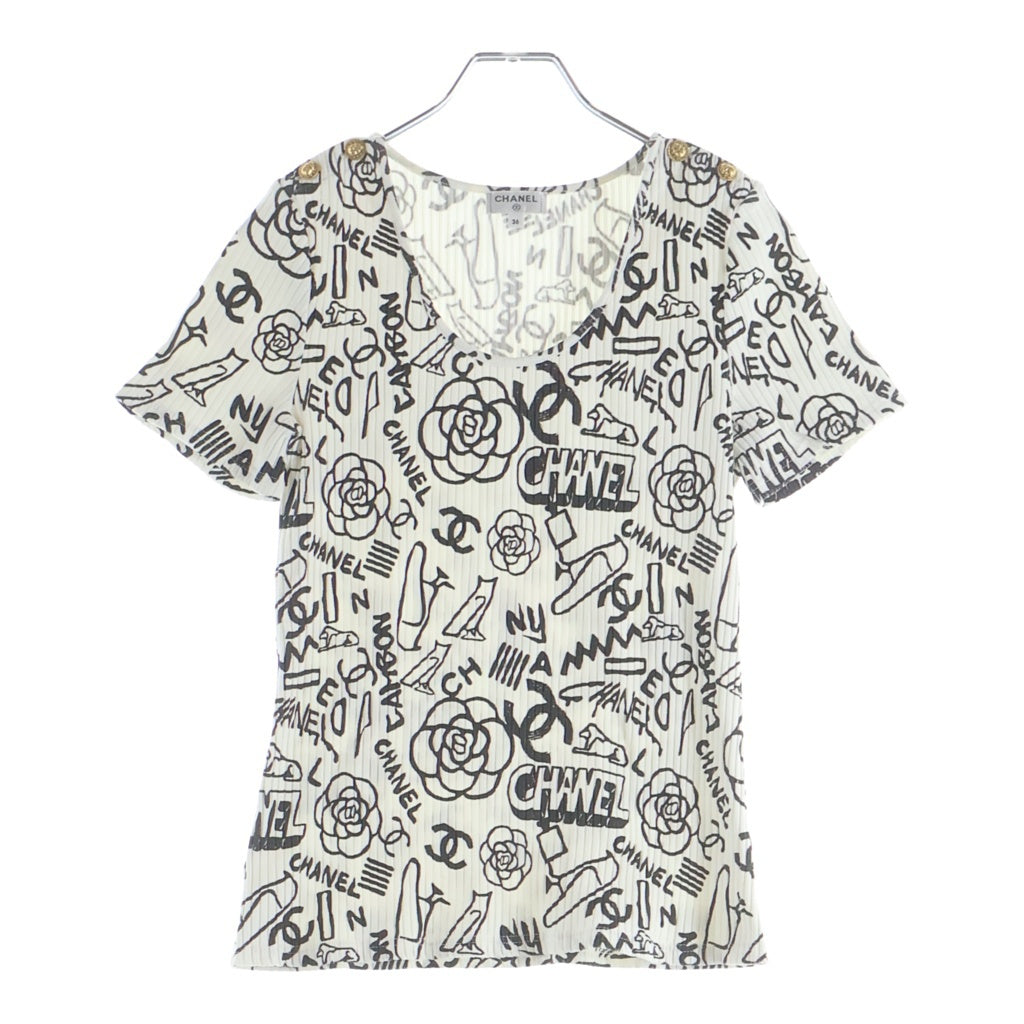 CHANEL(シャネル) 金ボタン アイコンモチーフ Tシャツ ホワイト×ブラック #36 P61888V47215 レディース