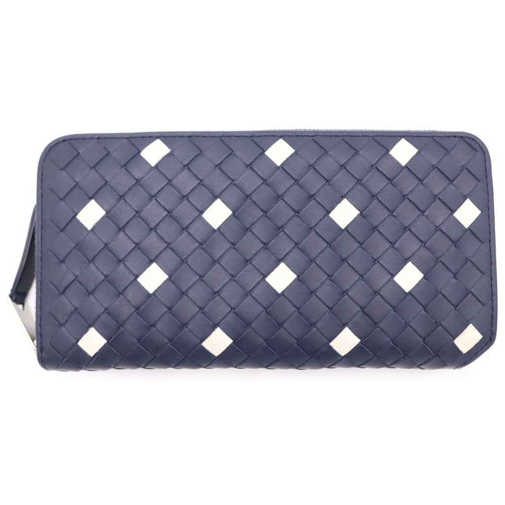 BOTTEGA VENETA(ボッテガヴェネタ) ボッテガ イントレチャート ラウンドファスナー長財布 ロングウォレット カードケース ネイビーレザー R00627181J シルバー金具