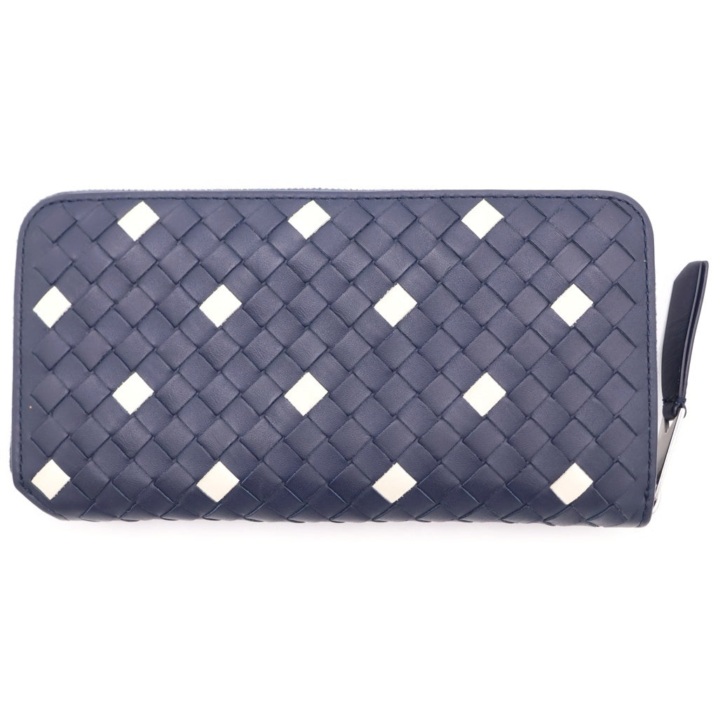 BOTTEGA VENETA(ボッテガヴェネタ) ボッテガ イントレチャート ラウンドファスナー長財布 ロングウォレット カードケース ネイビーレザー R00627181J シルバー金具