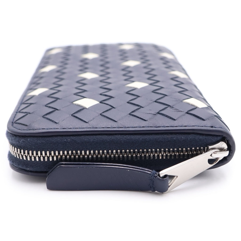 BOTTEGA VENETA(ボッテガヴェネタ) ボッテガ イントレチャート ラウンドファスナー長財布 ロングウォレット カードケース ネイビーレザー R00627181J シルバー金具