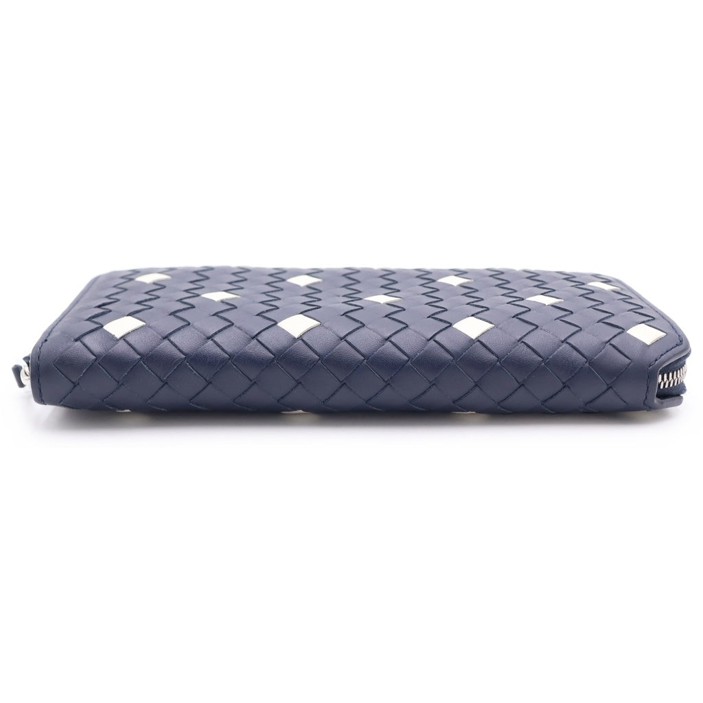 BOTTEGA VENETA(ボッテガヴェネタ) ボッテガ イントレチャート ラウンドファスナー長財布 ロングウォレット カードケース ネイビーレザー R00627181J シルバー金具