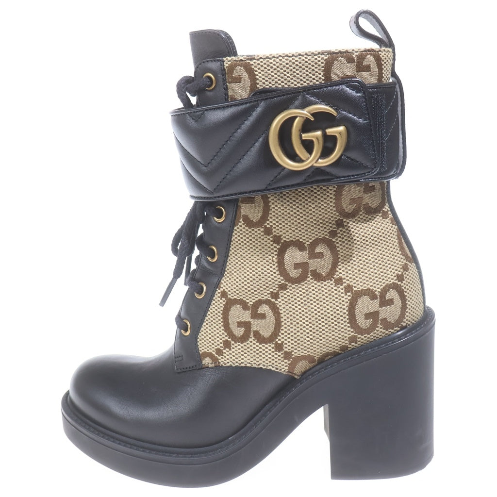 GUCCI(グッチ) ジャンボGG GGマーモント GGキャンバス レースアップ アンクルブーツ ベージュ 719849 #35 1/2 レディース