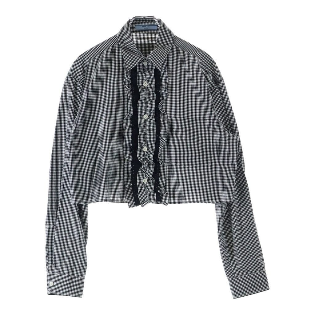 PRADA(プラダ) ギンガムチェック ラッフルシャツ 長袖シャツ 短丈 フリル クロップド ブラック/ホワイト P407GC レディース