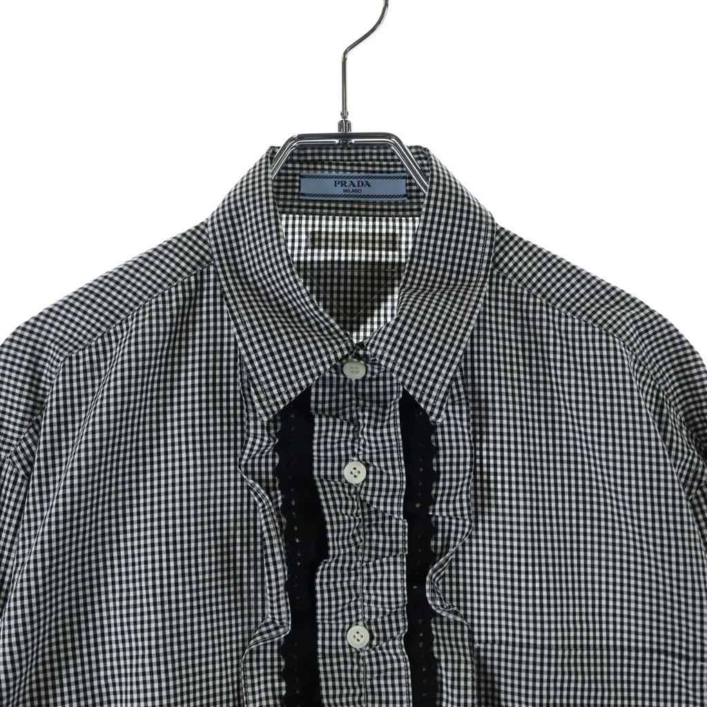 PRADA(プラダ) ギンガムチェック ラッフルシャツ 長袖シャツ 短丈 フリル クロップド ブラック/ホワイト P407GC レディース