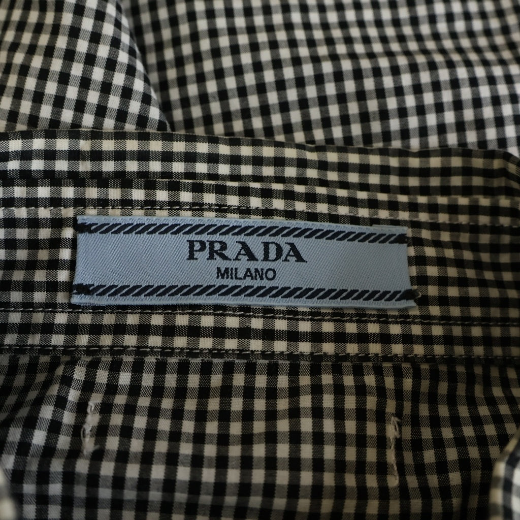 PRADA(プラダ) ギンガムチェック ラッフルシャツ 長袖シャツ 短丈 フリル クロップド ブラック/ホワイト P407GC レディース