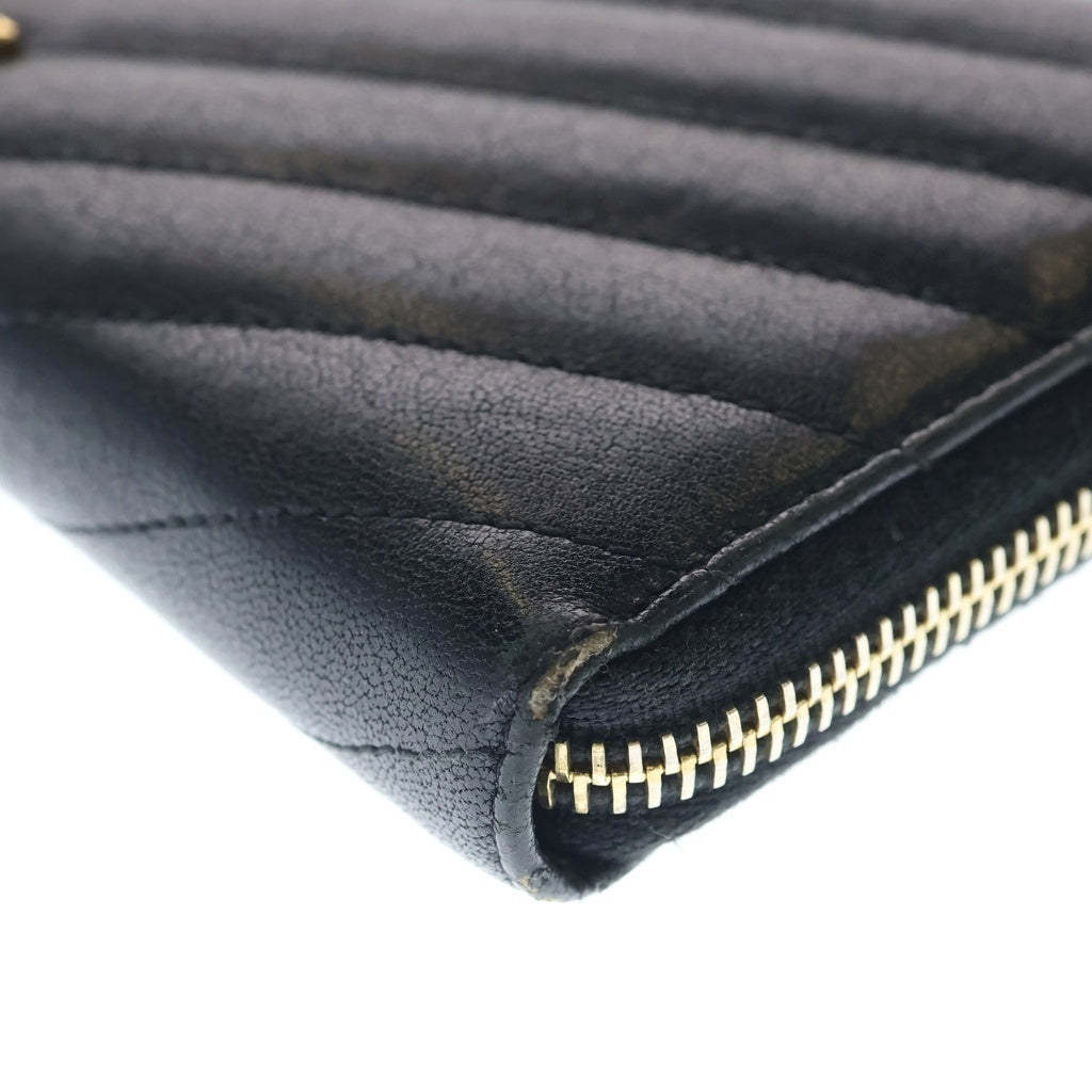 YVES SAINT LAURENT(イヴサンローラン) Vステッチ ラウンドファスナー ゴールド金具 長財布 358094 ブラック レディース