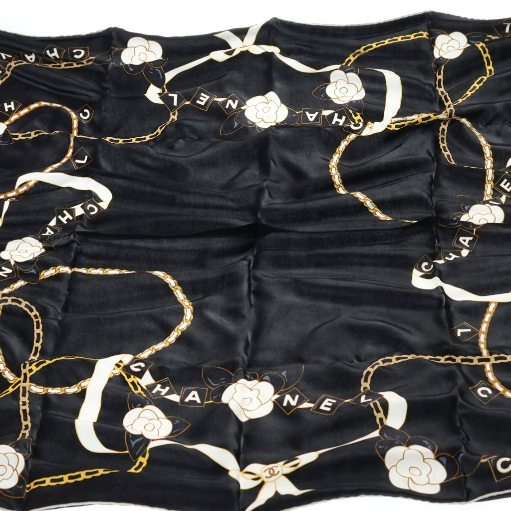 CHANEL(シャネル) カメリア ロゴ チェーン プリント シルク スカーフ ブラック レディース