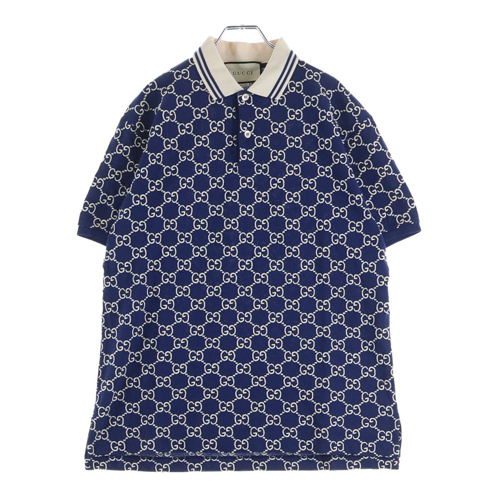 GUCCI(グッチ) GG 総柄 刺繍 コットンストレッチ 半袖ポロシャツ ブルー #L 598956