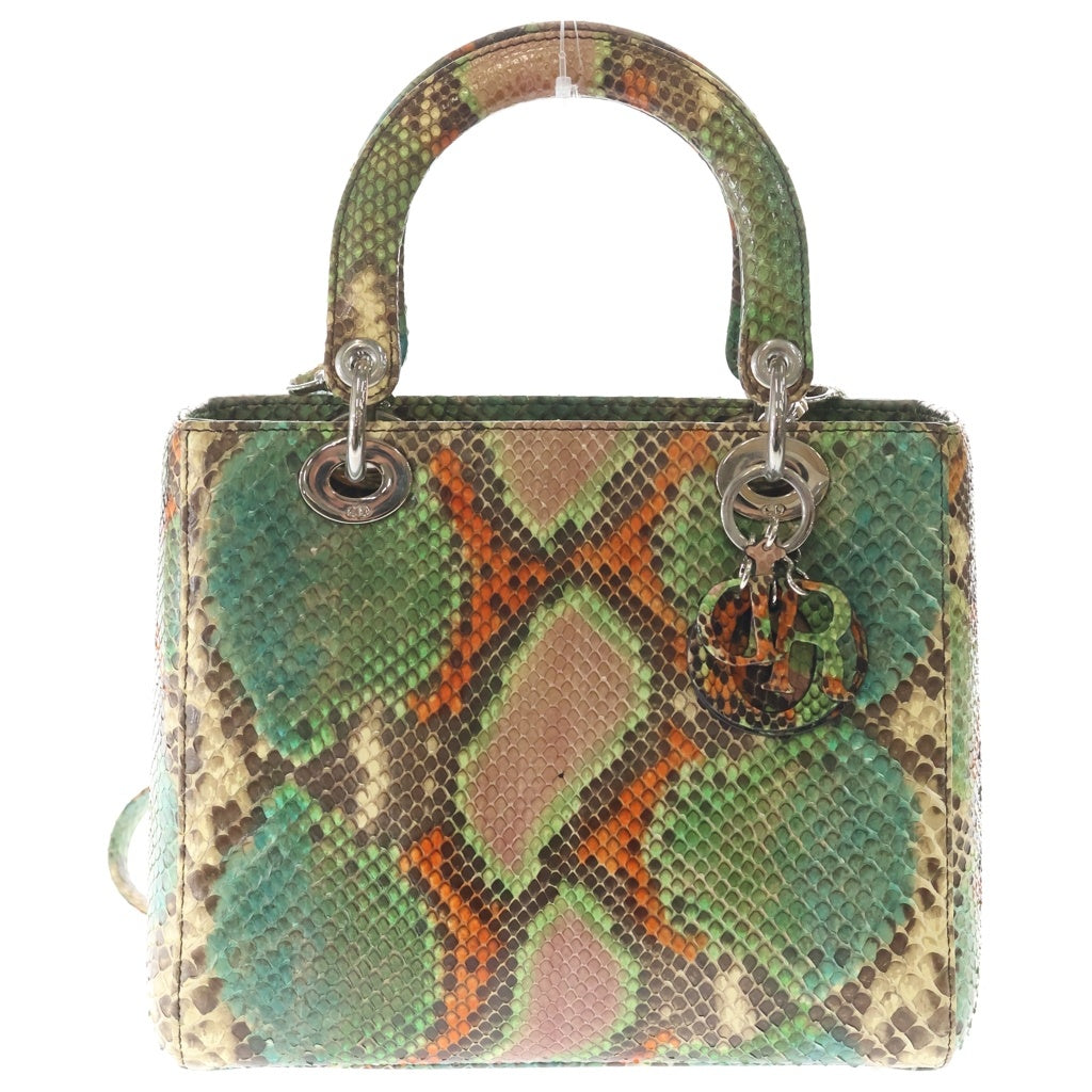DIOR(ディオール) レディディオール ミディアム パイソン レザー 2WAY ハンド ショルダーバッグ マルチカラー シルバー金具 グリーン/オレンジ レディース