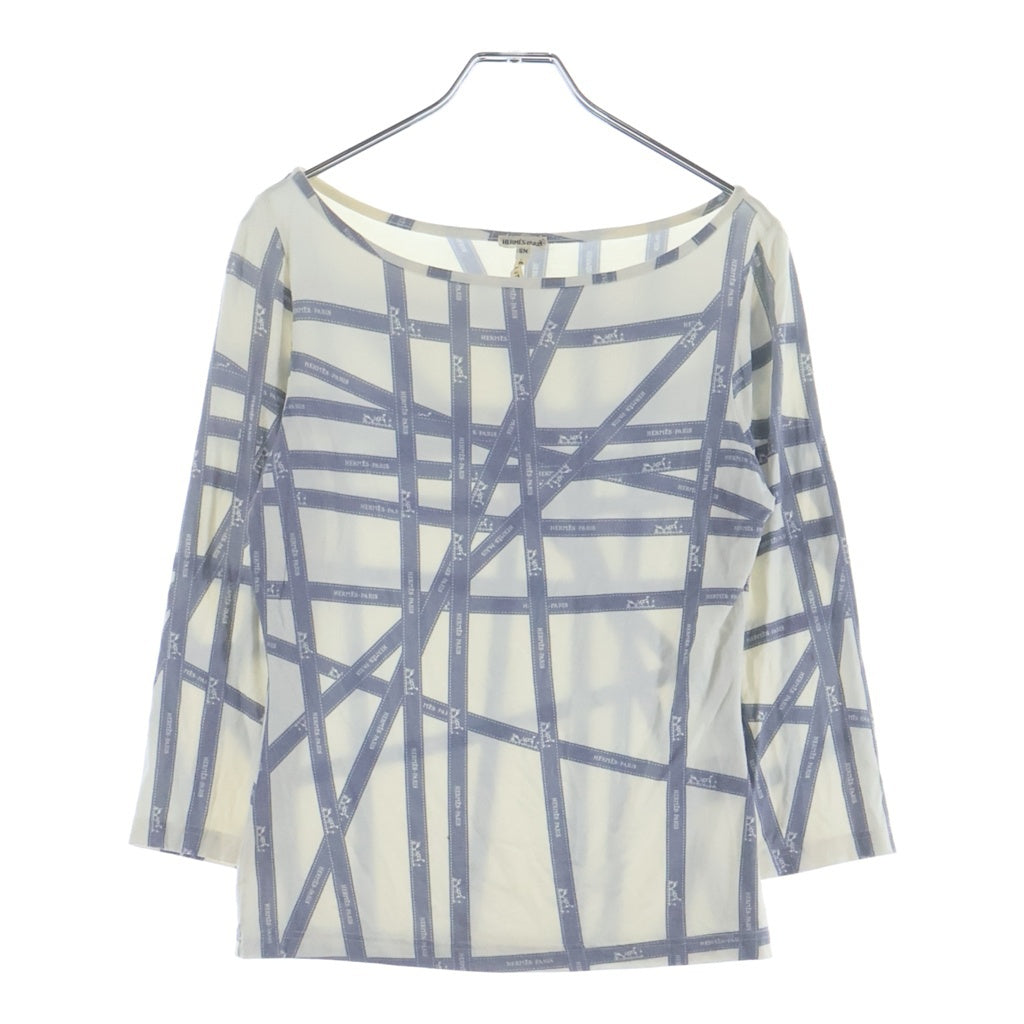 HERMES(エルメス) ボルデュック リボン柄 レーヨン 長袖Tシャツ カットソー ホワイト/グレー レディース