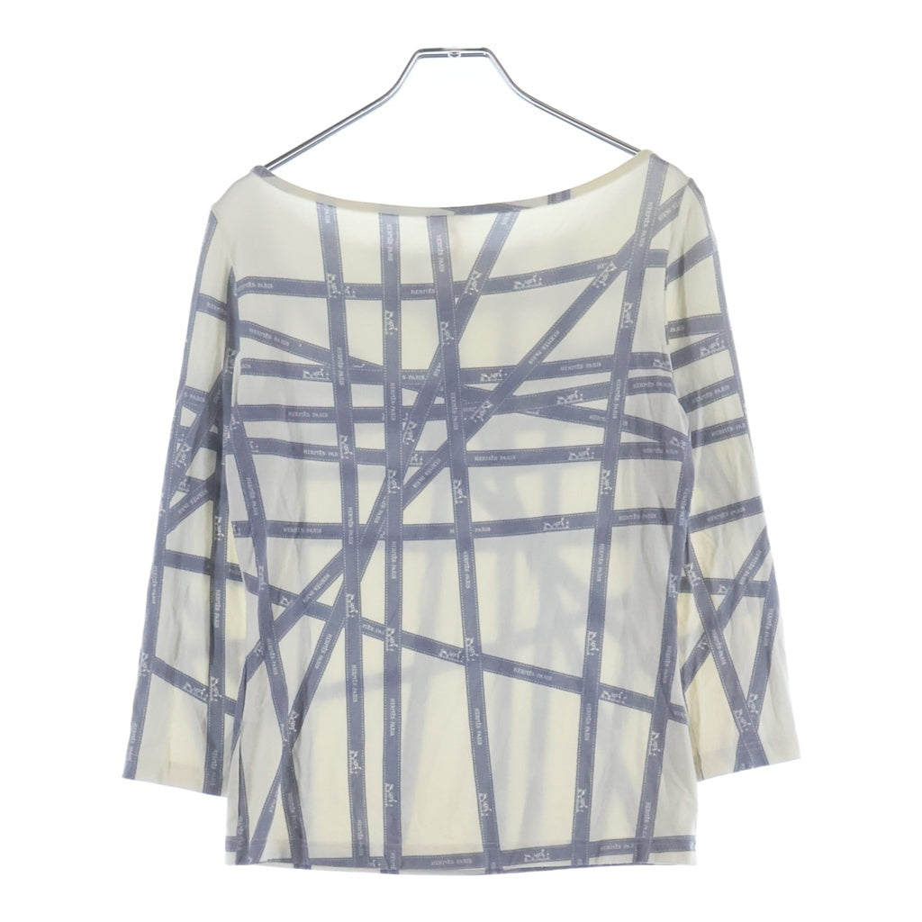 HERMES(エルメス) ボルデュック リボン柄 レーヨン 長袖Tシャツ カットソー ホワイト/グレー レディース