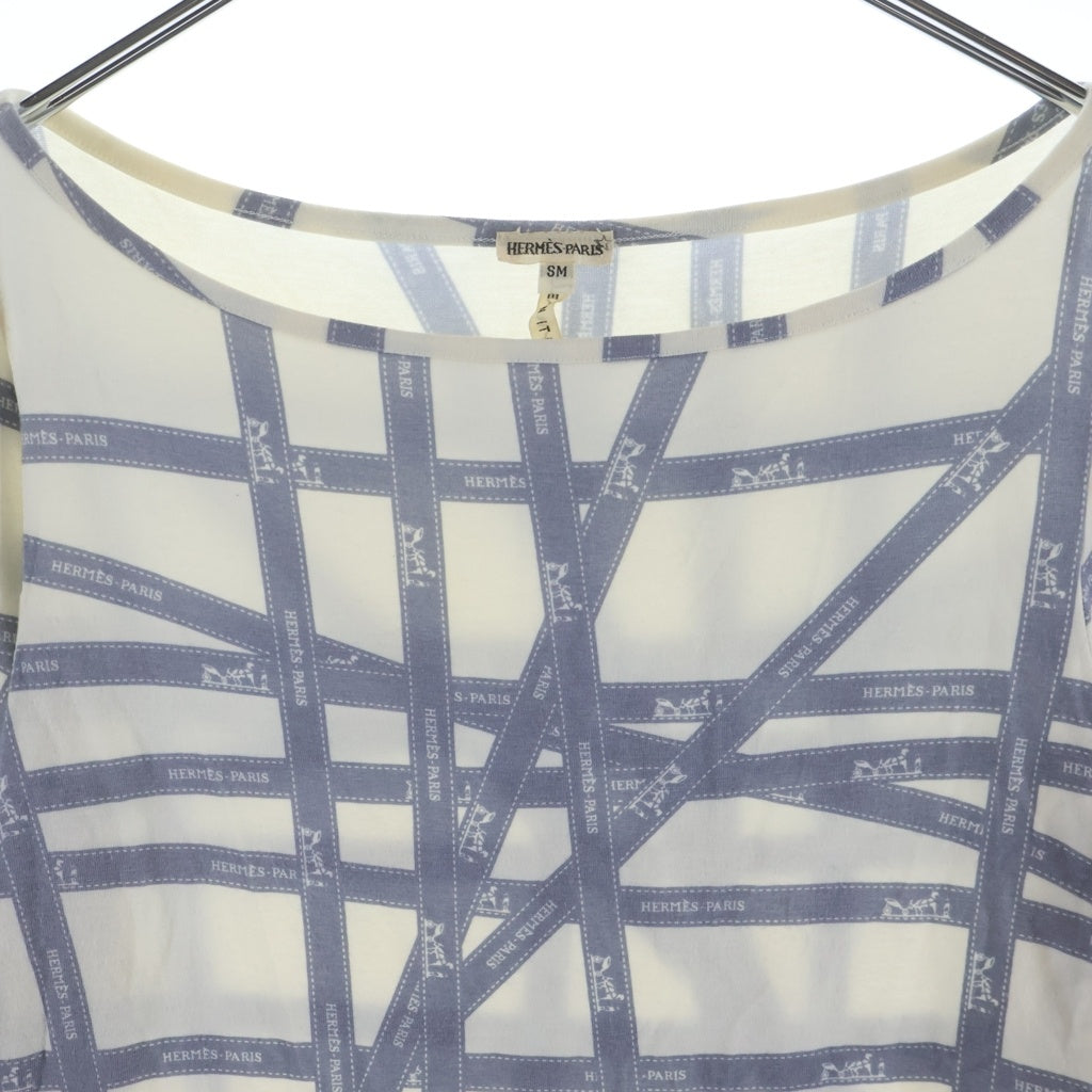 HERMES(エルメス) ボルデュック リボン柄 レーヨン 長袖Tシャツ カットソー ホワイト/グレー レディース