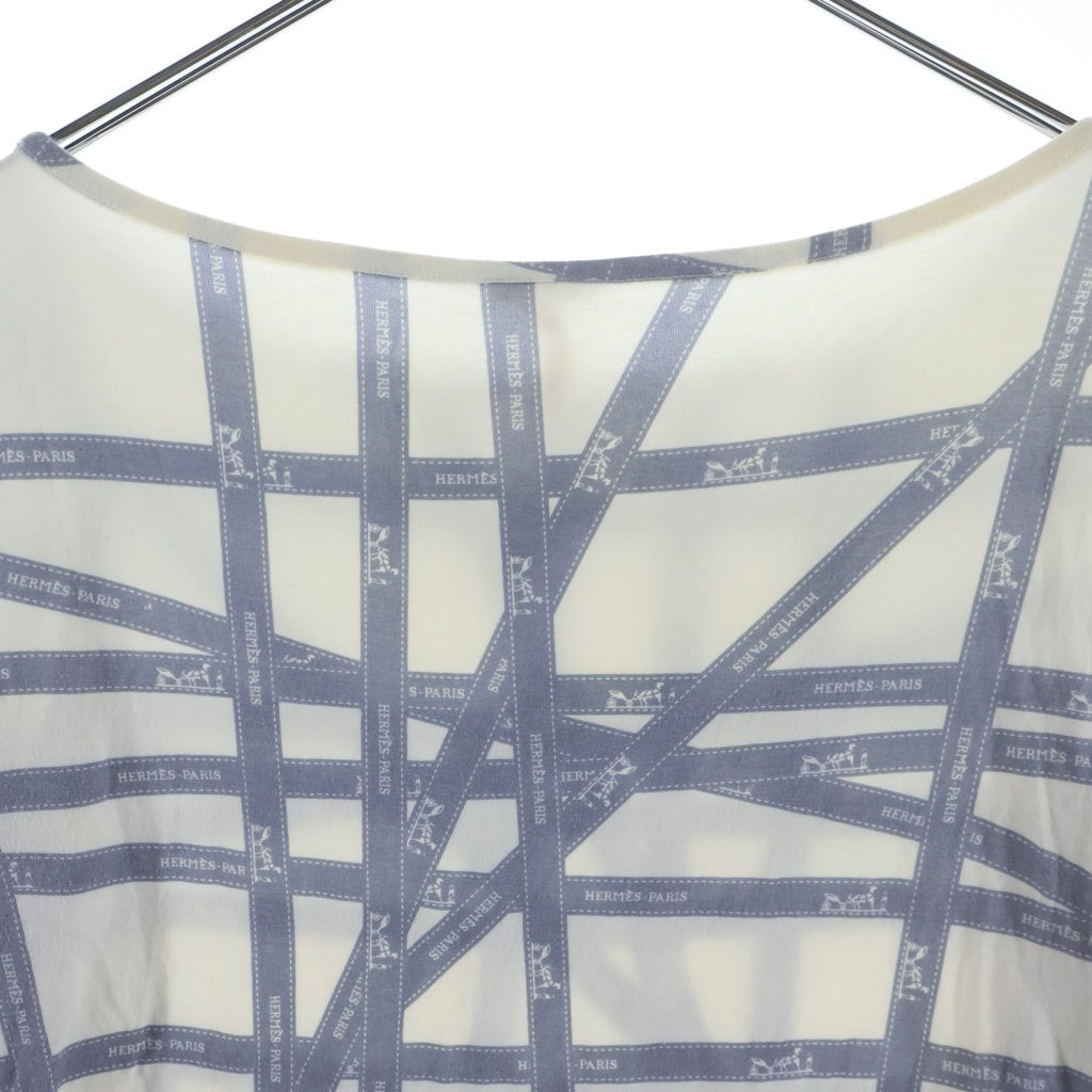 HERMES(エルメス) ボルデュック リボン柄 レーヨン 長袖Tシャツ カットソー ホワイト/グレー レディース
