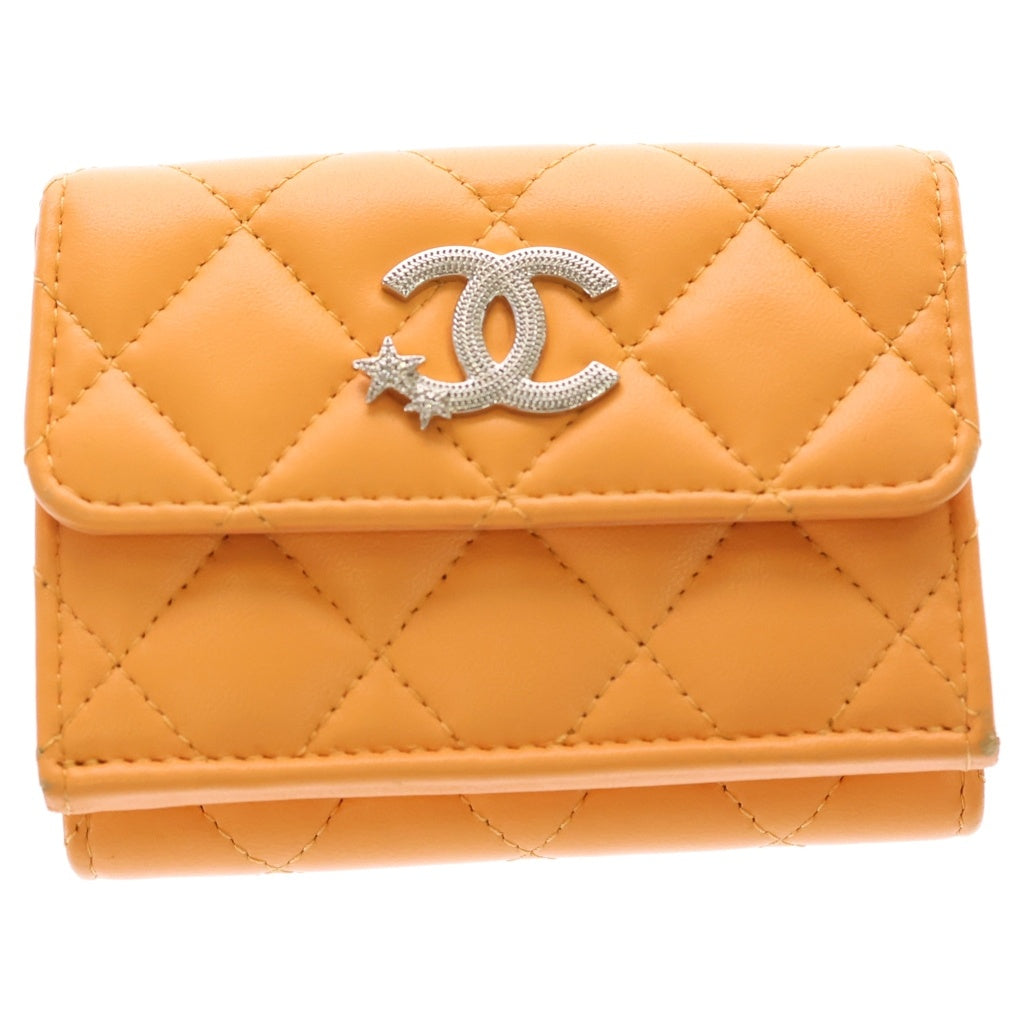 CHANEL(シャネル) ココマーク スター 三つ折り財布 コンパクトウォレット コインケース オレンジ レザー シルバー金具 レディース