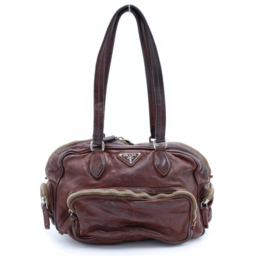 PRADA(プラダ) ウォッシュドレザーボストンバッグ ハンドバッグ ブラウン レザー シルバー金具 レディース
