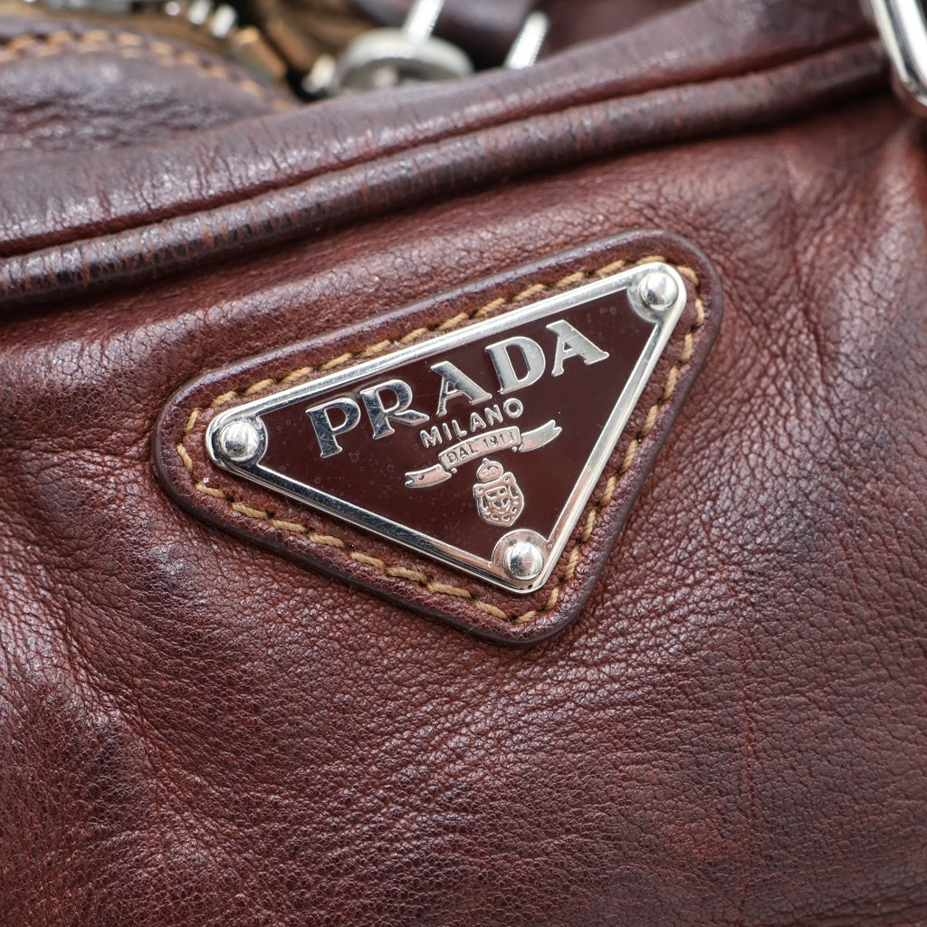 PRADA(プラダ) ウォッシュドレザーボストンバッグ ハンドバッグ ブラウン レザー シルバー金具 レディース