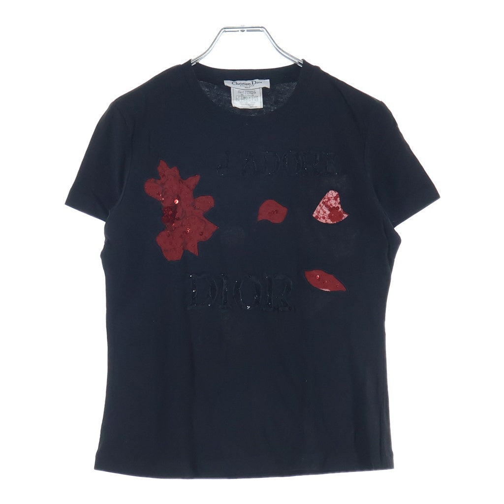 Christian Dior(クリスチャンディオール) ローズ スパンコール ロゴ刺繍 クルーネック 半袖 Tシャツ カットソー ブラック 2H12155026 レディース