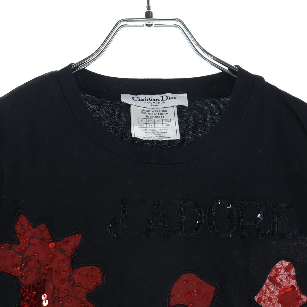 Christian Dior(クリスチャンディオール) ローズ スパンコール ロゴ刺繍 クルーネック 半袖 Tシャツ カットソー ブラック 2H12155026 レディース