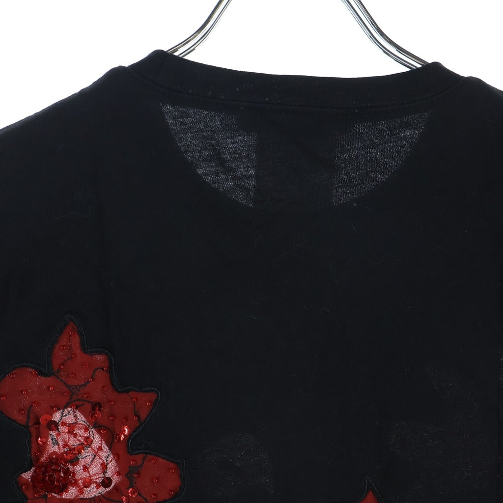 Christian Dior(クリスチャンディオール) ローズ スパンコール ロゴ刺繍 クルーネック 半袖 Tシャツ カットソー ブラック 2H12155026 レディース