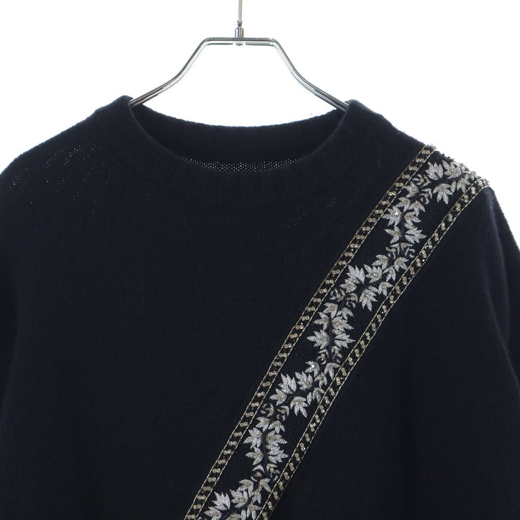 AMIRI(アミリ) ラインストーン ストラップ刺繍 カシミヤ混 ウール クルーネック プルオーバー 長袖ニット セーター ブラック