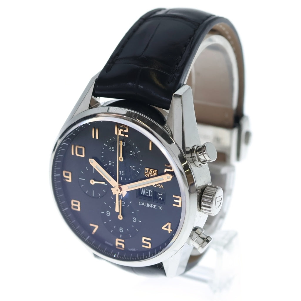 TAG HEUER(タグホイヤー) カレラ キャリバー16 クロノグラフ デイデイト 黒文字盤 レザーベルト 自動巻き 腕時計 ブラック/シルバー CV2A1AB.FC6379