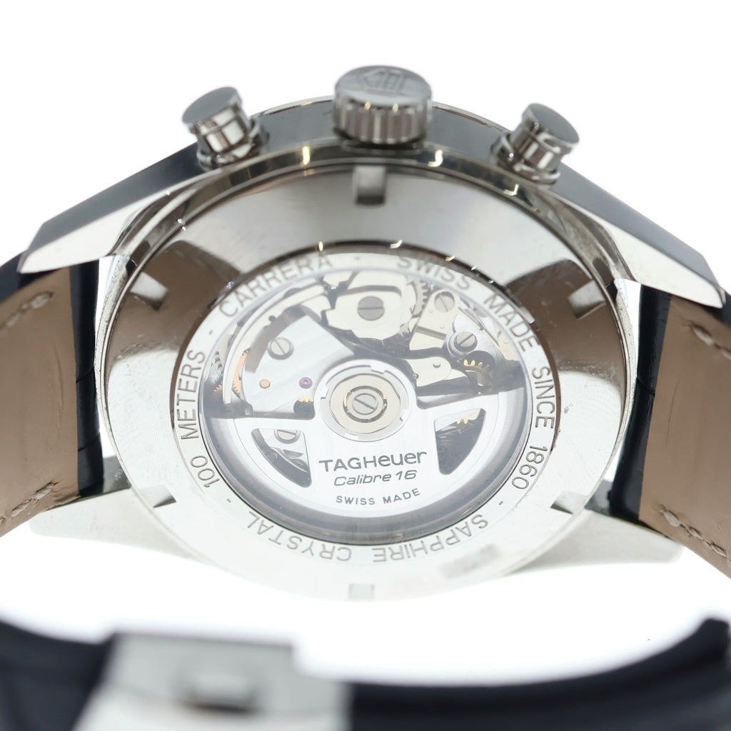 TAG HEUER(タグホイヤー) カレラ キャリバー16 クロノグラフ デイデイト 黒文字盤 レザーベルト 自動巻き 腕時計 ブラック/シルバー CV2A1AB.FC6379