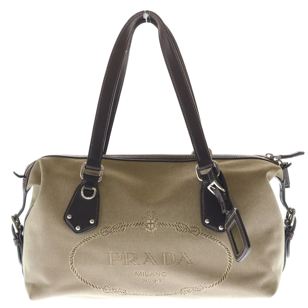 PRADA(プラダ) ジャガードハンドバッグ ブラウン レザー×キャンバス BR3461 シルバー金具 レディース