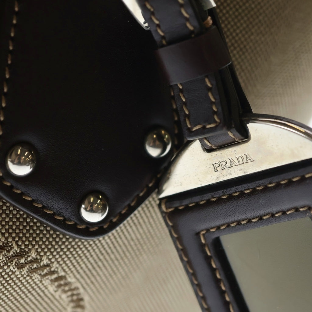PRADA(プラダ) ジャガードハンドバッグ ブラウン レザー×キャンバス BR3461 シルバー金具 レディース