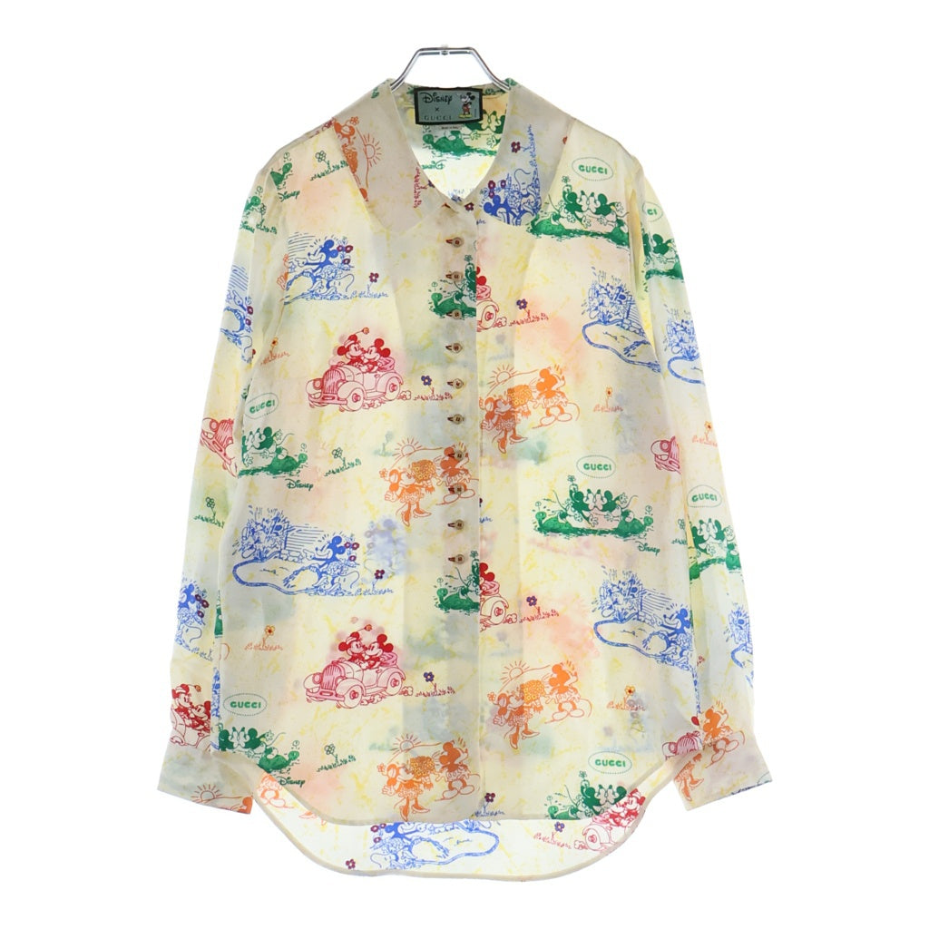 GUCCI(グッチ) ×Disney ディズニー ミッキー ミニー 総柄プリント 丸襟 シルク ロングスリーブ 長袖シャツ イエロー 609427