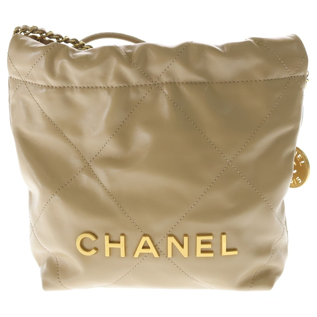 CHANEL(シャネル) マトラッセ シャネル22 ミニ カーフスキン ゴールド金具 2WAY チェーン ハンドバッグ ショルダーバッグ プレート ベージュ レディース