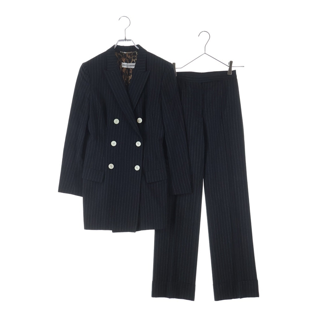 DOLCE & GABBANA(ドルチェアンドガッバーナ) セットアップスーツ ウール ストライプ柄 レオパード ロング テーラードジャケット スラックスパンツ #38/#38 ブラック レディース