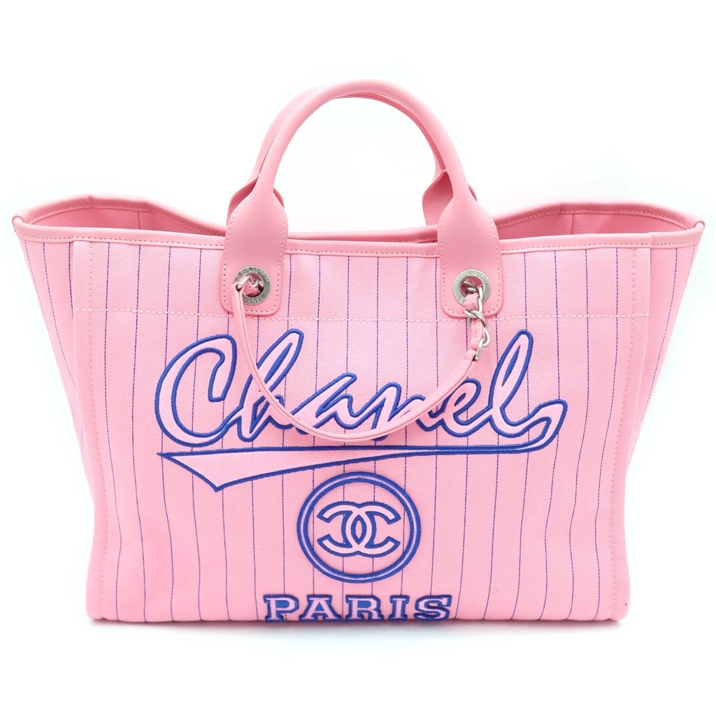 CHANEL(シャネル) ドーヴィルGM キャンバス×レザー シルバー金具 2WAY チェーン トートバッグ ハンドバッグ プレート ピンク A93786 レディース