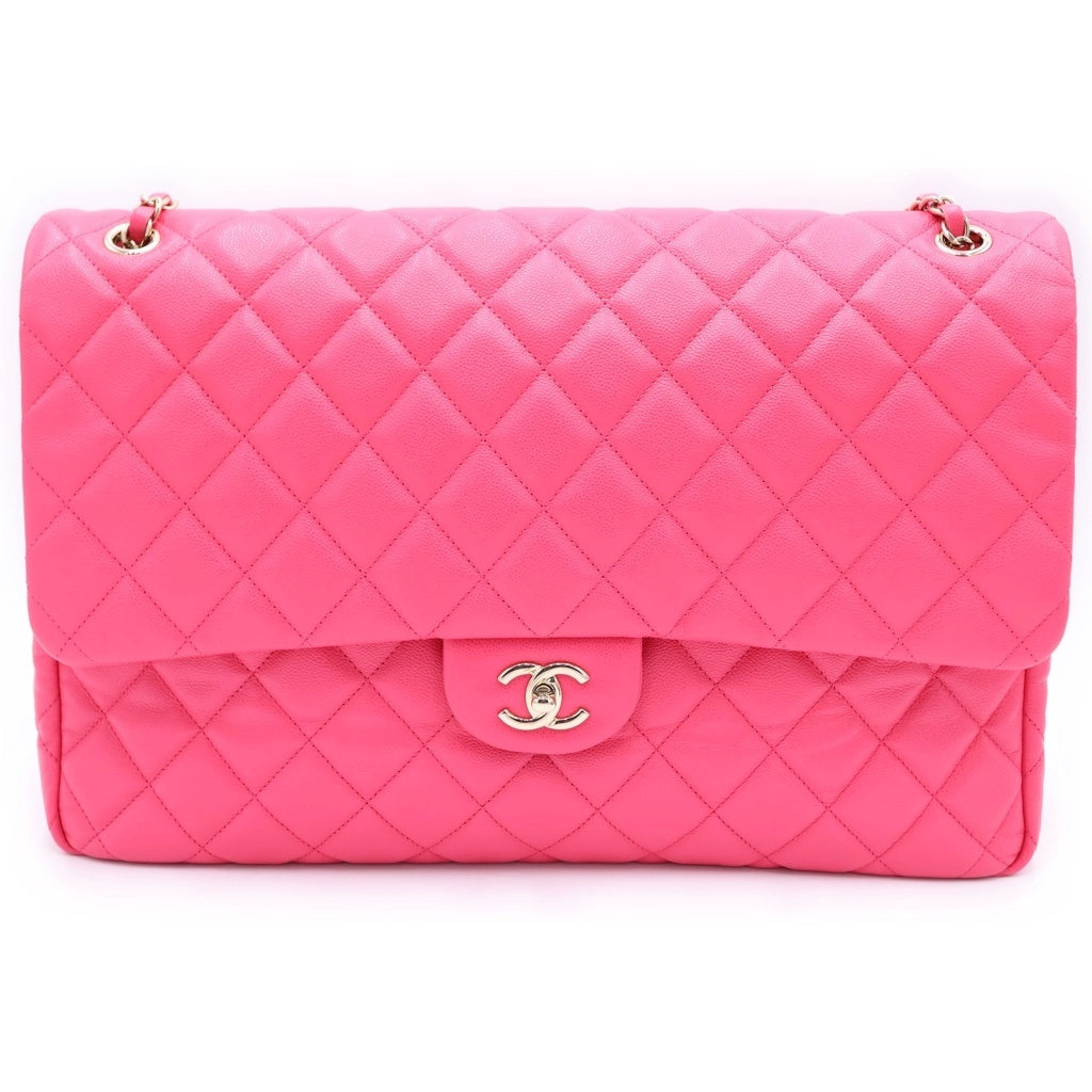 CHANEL(シャネル) マトラッセ40 ジャンボ マトラッセ キャビアスキン シルバー金具 チェーン ショルダーバッグ プレート ピンク